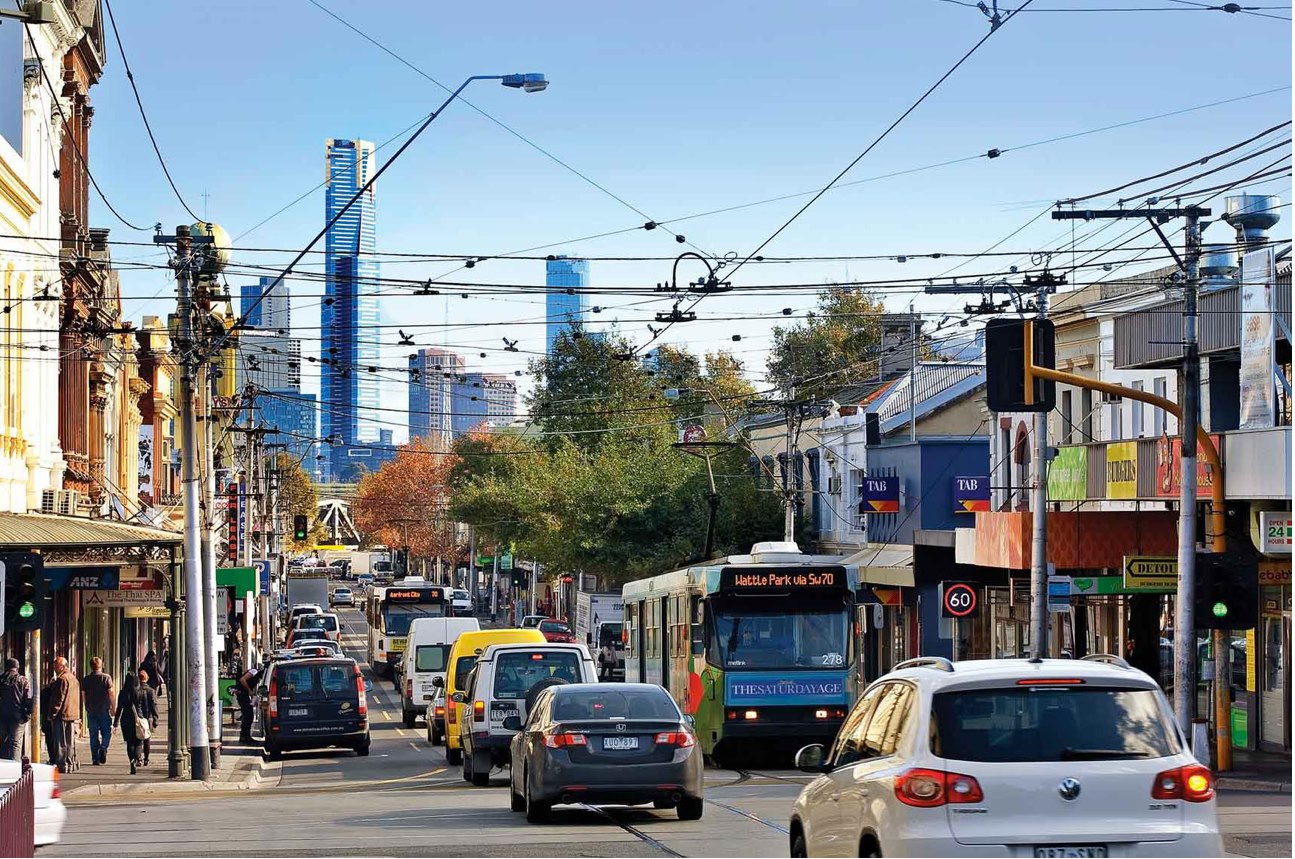 Looking down Swan Street, Richmond towards the Melbourne skyline